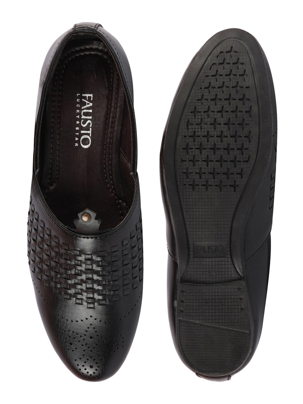 Shop Men Black Laser Cut Knitted Design Ethnic Wedding Broad Feet Slip On Juttis and Mojaris Online.