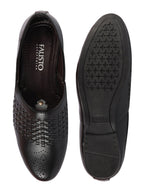Shop Men Black Laser Cut Knitted Design Ethnic Wedding Broad Feet Slip On Juttis and Mojaris Online.
