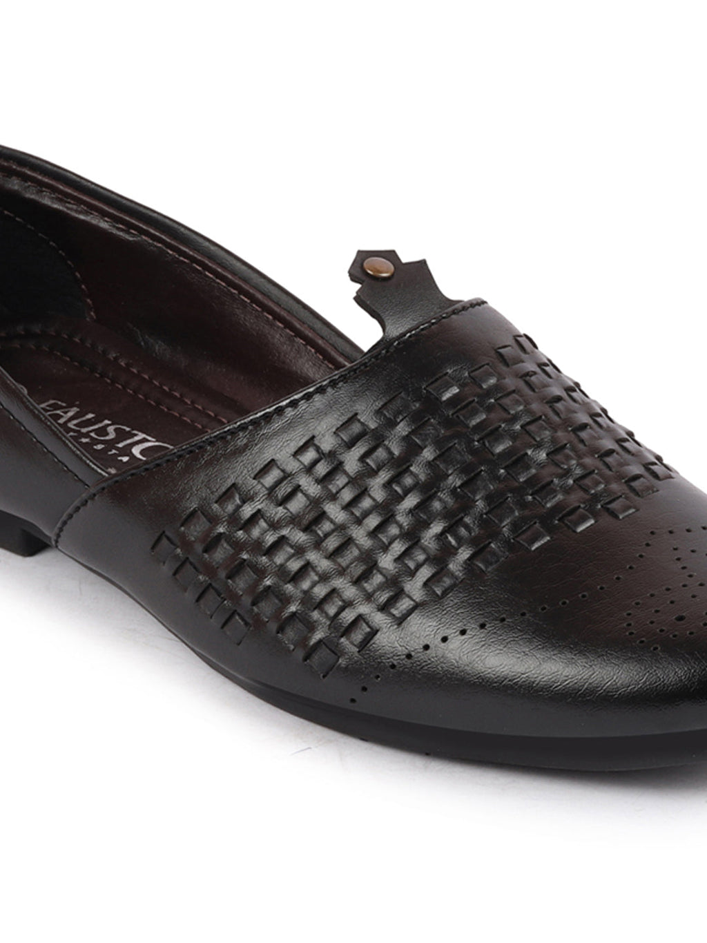 Shop Men Black Laser Cut Knitted Design Ethnic Wedding Broad Feet Slip On Juttis and Mojaris Online.