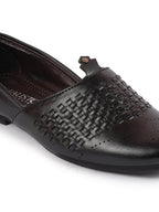 Shop Men Black Laser Cut Knitted Design Ethnic Wedding Broad Feet Slip On Juttis and Mojaris Online.