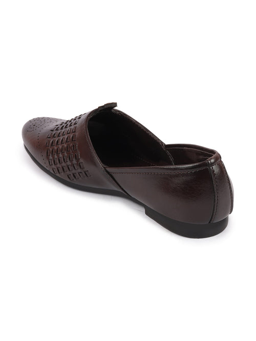 Shop Men Brown Laser Cut Knitted Design Ethnic Wedding Broad Feet Slip On Juttis and Mojaris Online.