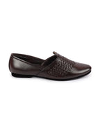 Shop Men Brown Laser Cut Knitted Design Ethnic Wedding Broad Feet Slip On Juttis and Mojaris Online.