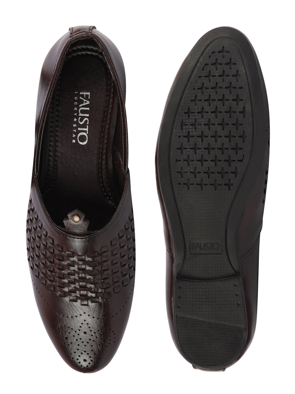 Shop Men Brown Laser Cut Knitted Design Ethnic Wedding Broad Feet Slip On Juttis and Mojaris Online.