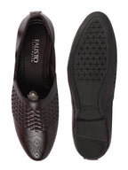 Shop Men Brown Laser Cut Knitted Design Ethnic Wedding Broad Feet Slip On Juttis and Mojaris Online.