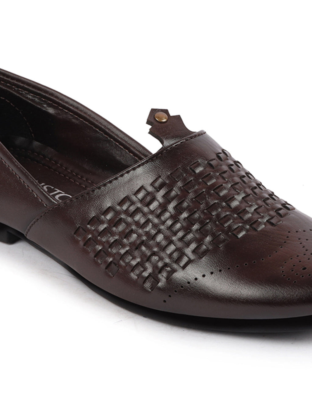 Shop Men Brown Laser Cut Knitted Design Ethnic Wedding Broad Feet Slip On Juttis and Mojaris Online.