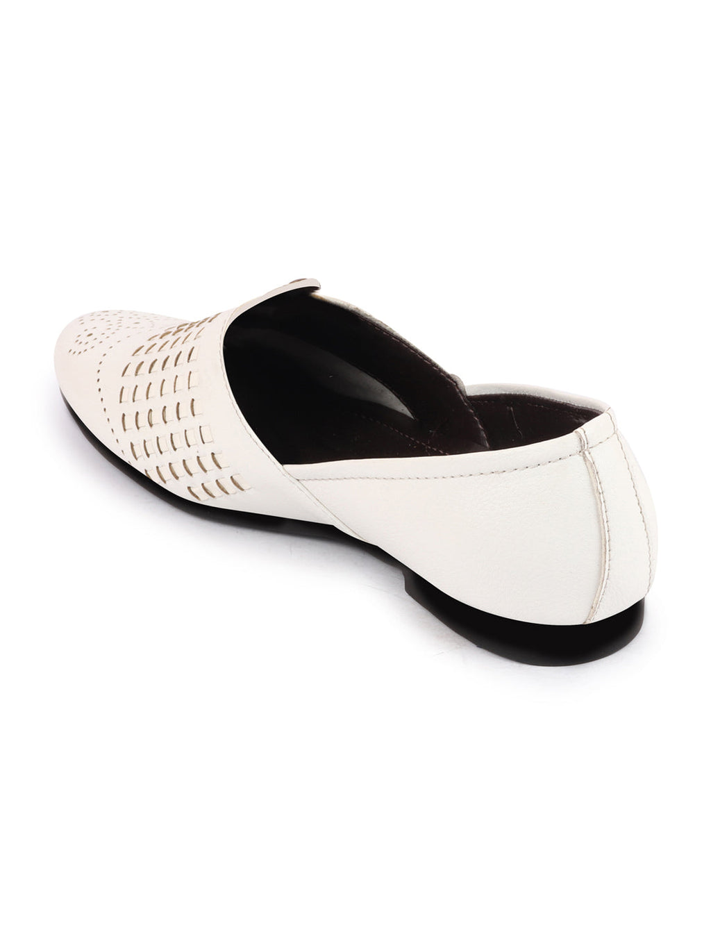 Shop Men White Laser Cut Knitted Design Ethnic Wedding Broad Feet Slip On Juttis and Mojaris Online.
