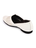 Shop Men White Laser Cut Knitted Design Ethnic Wedding Broad Feet Slip On Juttis and Mojaris Online.