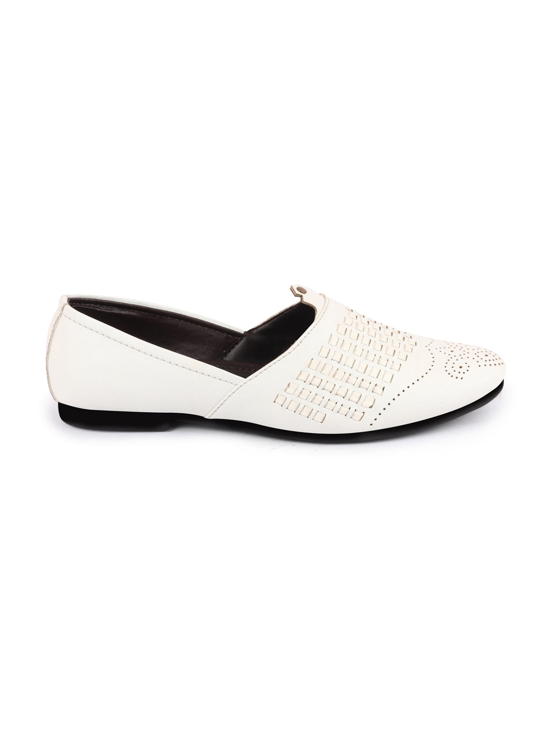 Shop Men White Laser Cut Knitted Design Ethnic Wedding Broad Feet Slip On Juttis and Mojaris Online.