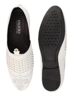 Shop Men White Laser Cut Knitted Design Ethnic Wedding Broad Feet Slip On Juttis and Mojaris Online.