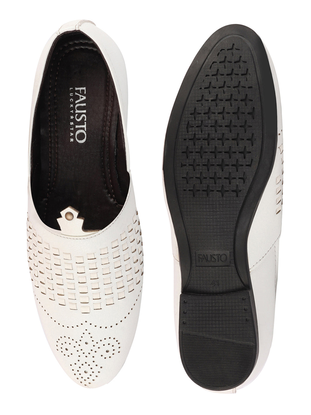 Shop Men White Laser Cut Knitted Design Ethnic Wedding Broad Feet Slip On Juttis and Mojaris Online.