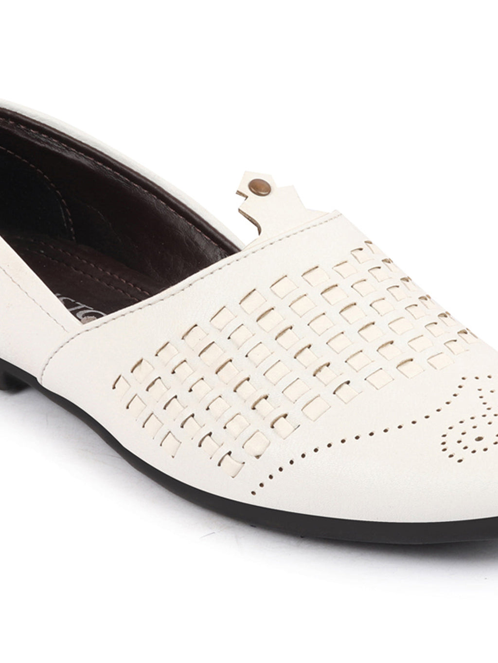 Shop Men White Laser Cut Knitted Design Ethnic Wedding Broad Feet Slip On Juttis and Mojaris Online.