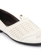 Shop Men White Laser Cut Knitted Design Ethnic Wedding Broad Feet Slip On Juttis and Mojaris Online.
