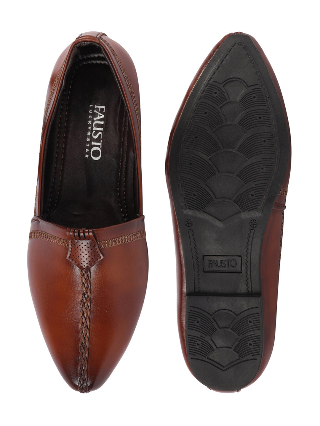Shop Men Tan Wedding Party Evening Broad Feet Ethnic Slip On Juttis and Mojaris Online.