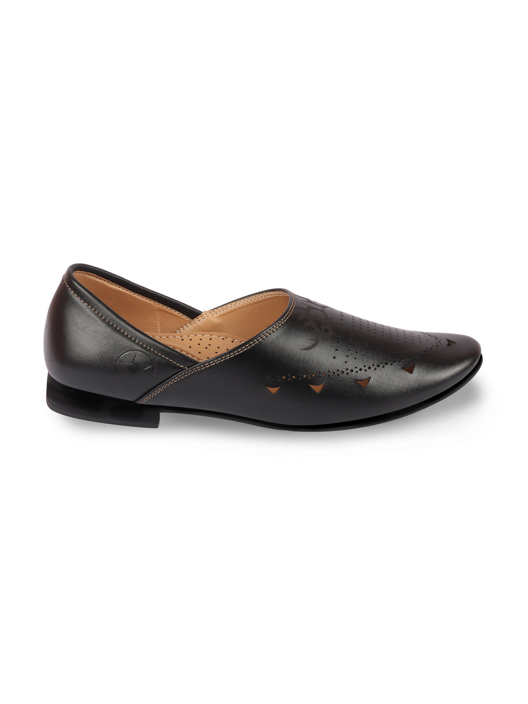 Shop Men Black Ethnic Wedding Party Laser Cut Perforated Design Slip On Juttis and Mojaris Online.