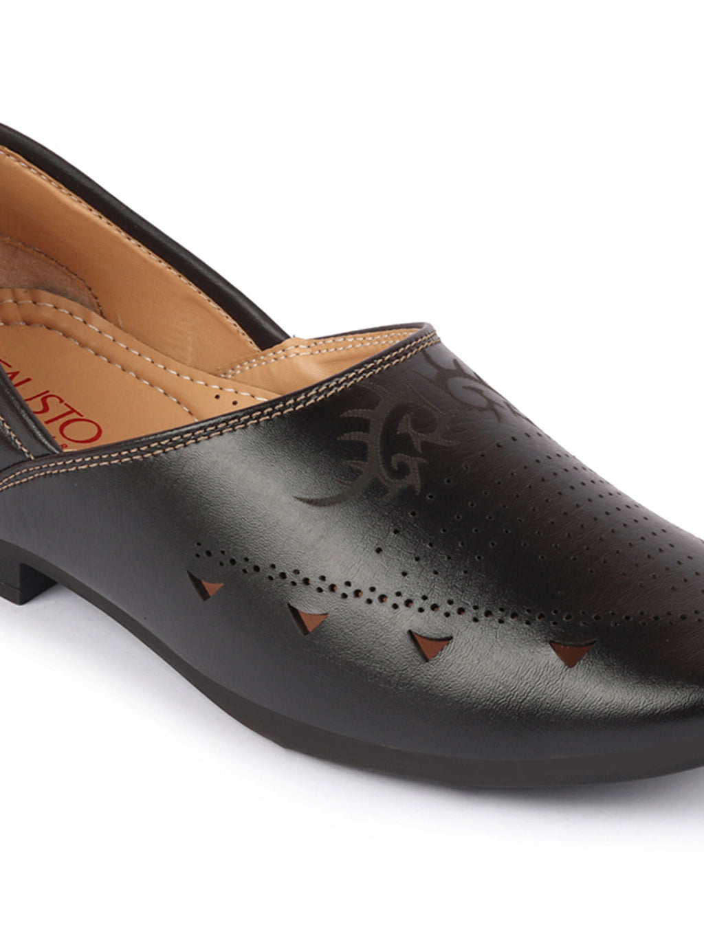 Shop Men Black Ethnic Wedding Party Laser Cut Perforated Design Slip On Juttis and Mojaris Online.