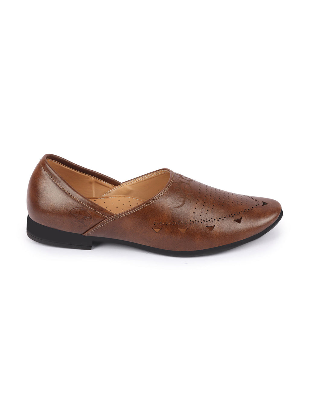 Shop Men Brown Ethnic Wedding Party Laser Cut Perforated Design Slip On Juttis and Mojaris Online.