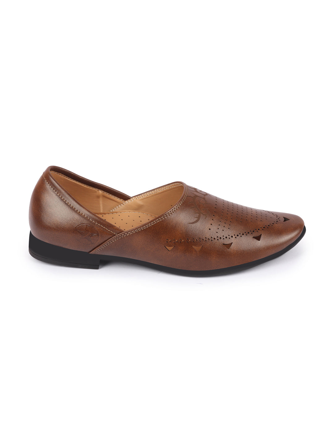 Shop Men Brown Ethnic Wedding Party Laser Cut Perforated Design Slip On Juttis and Mojaris Online.