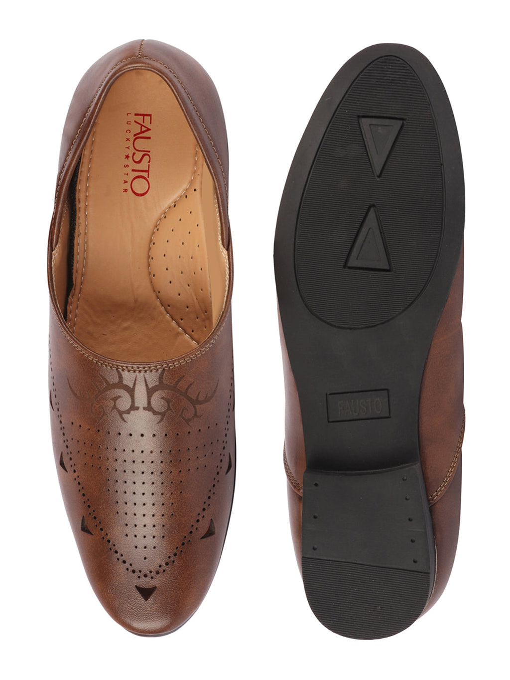 Shop Men Brown Ethnic Wedding Party Laser Cut Perforated Design Slip On Juttis and Mojaris Online.