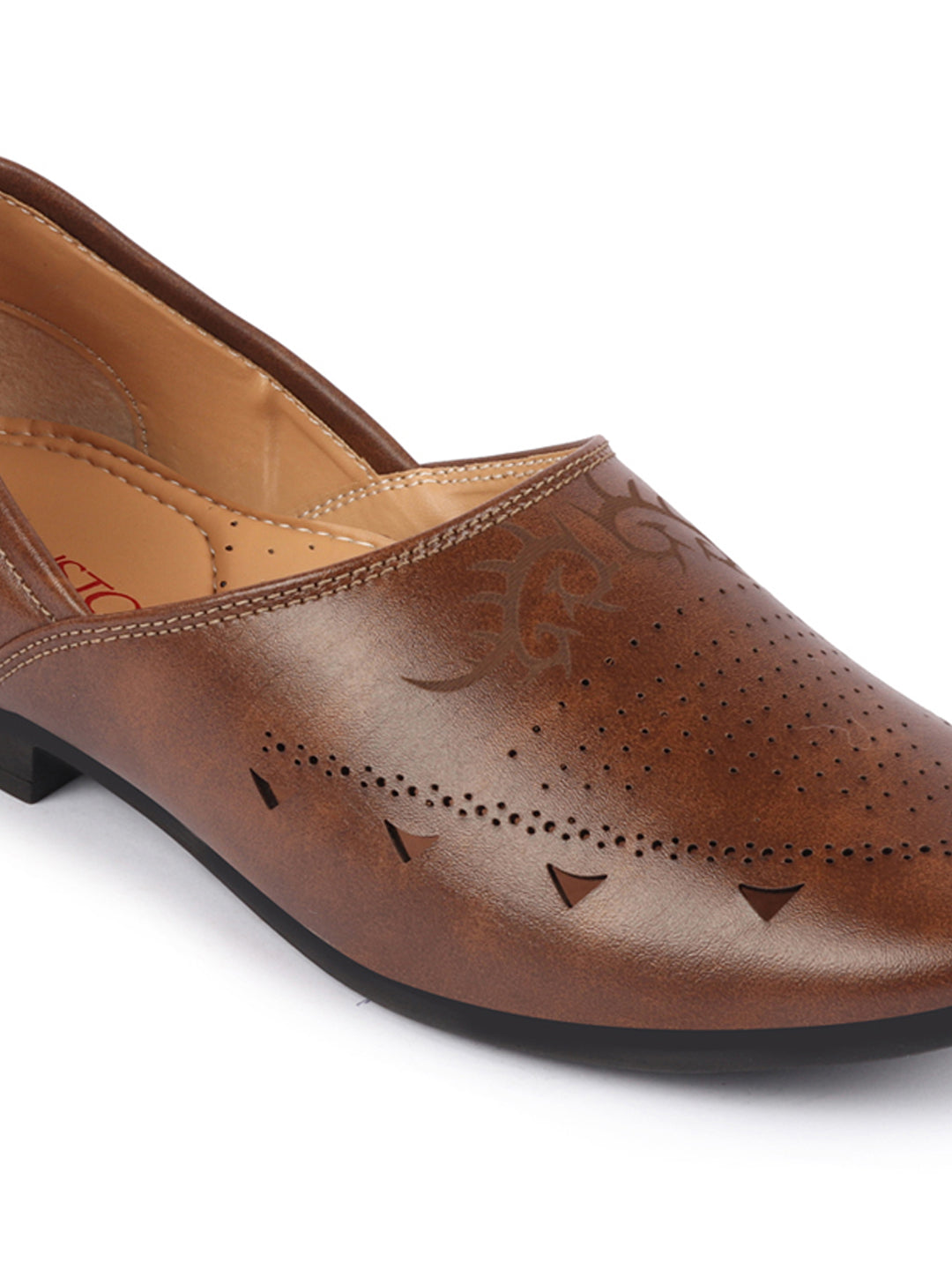 Shop Men Brown Ethnic Wedding Party Laser Cut Perforated Design Slip On Juttis and Mojaris Online.