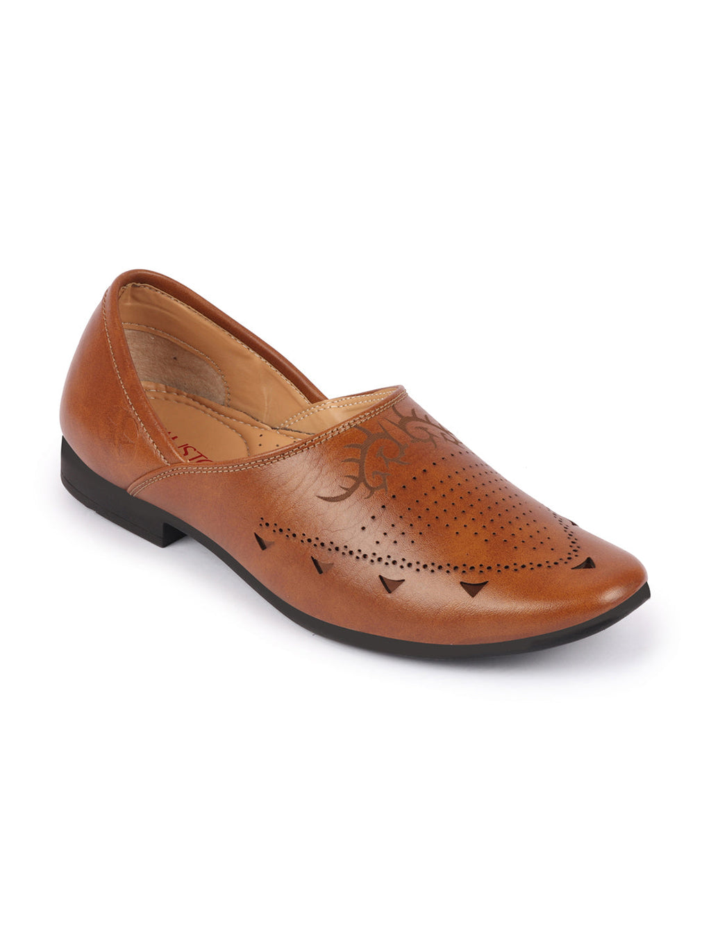 Shop Men Tan Ethnic Wedding Party Laser Cut Perforated Design Slip On Juttis and Mojaris Online.