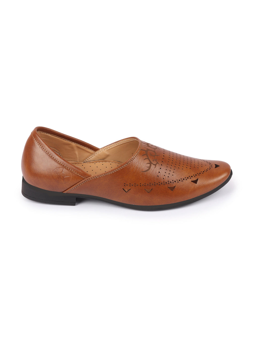 Shop Men Tan Ethnic Wedding Party Laser Cut Perforated Design Slip On Juttis and Mojaris Online.