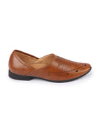 Shop Men Tan Ethnic Wedding Party Laser Cut Perforated Design Slip On Juttis and Mojaris Online.