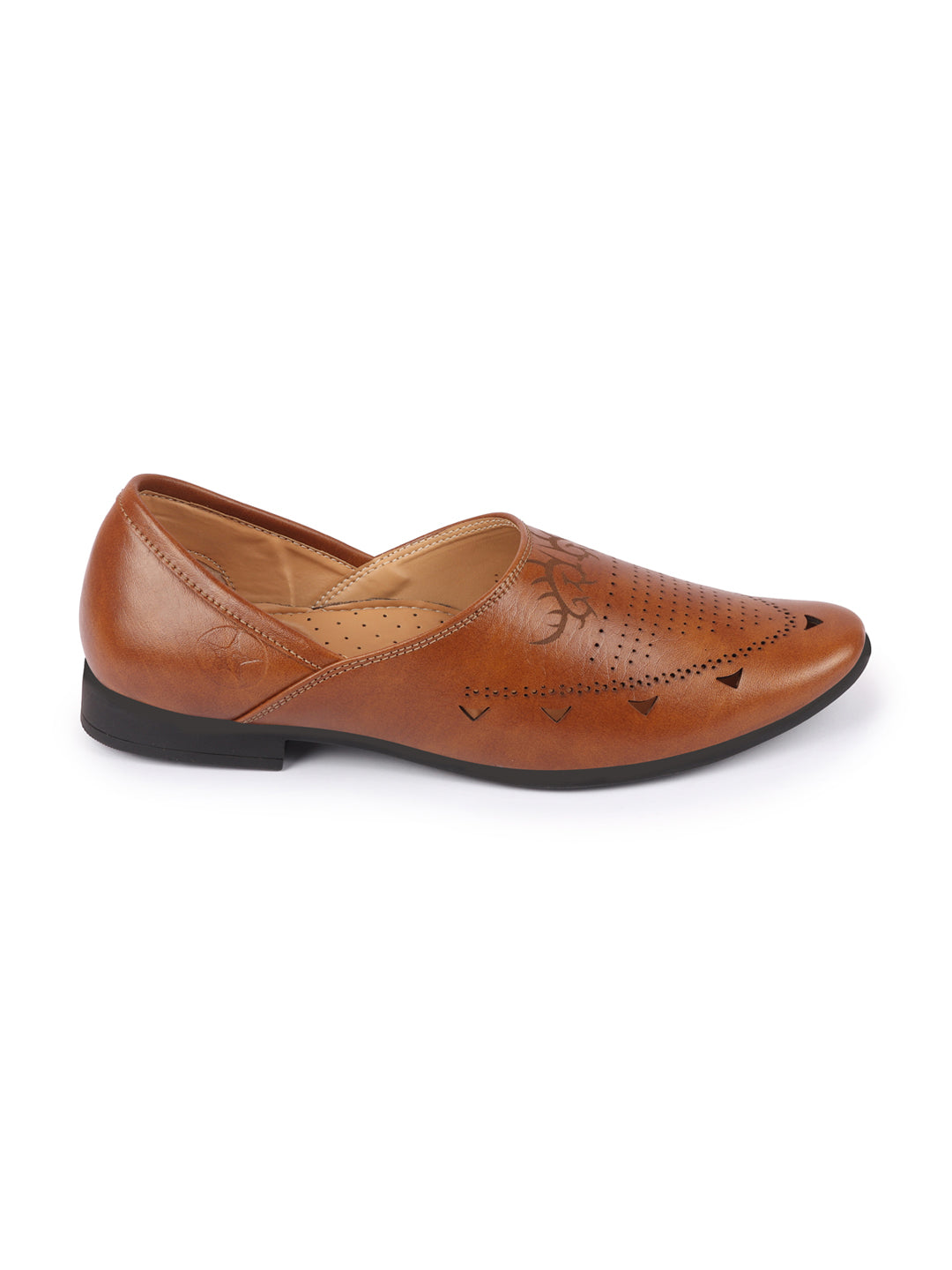Shop Men Tan Ethnic Wedding Party Laser Cut Perforated Design Slip On Juttis and Mojaris Online.