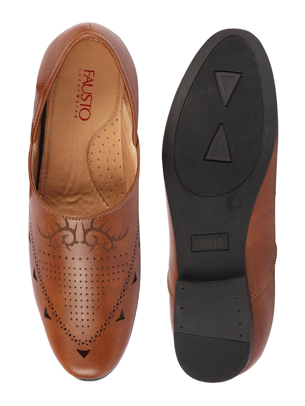 Shop Men Tan Ethnic Wedding Party Laser Cut Perforated Design Slip On Juttis and Mojaris Online.