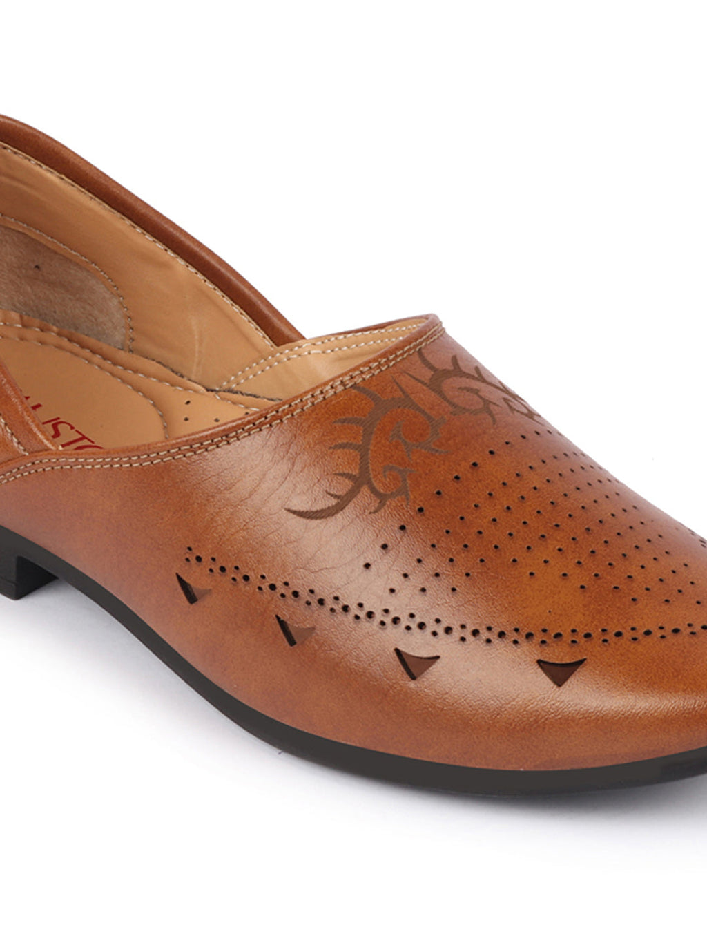 Shop Men Tan Ethnic Wedding Party Laser Cut Perforated Design Slip On Juttis and Mojaris Online.