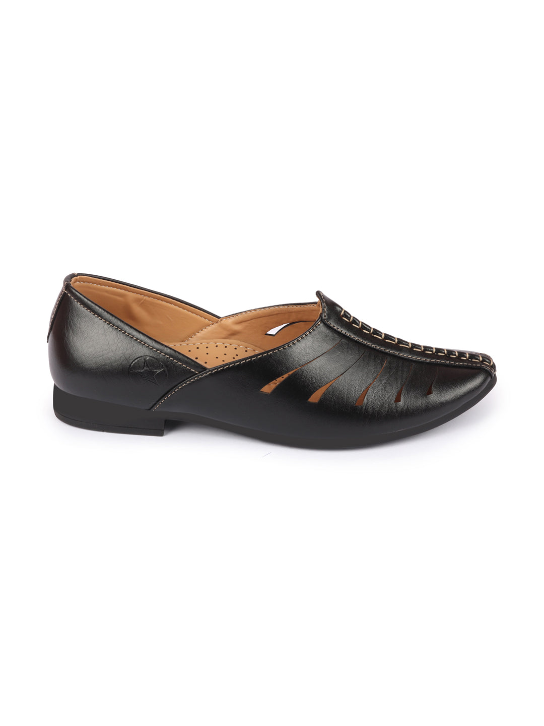 Shop Men Black Ethnic Wedding Party Laser Cut Design Slip On Juttis and Mojaris Online.
