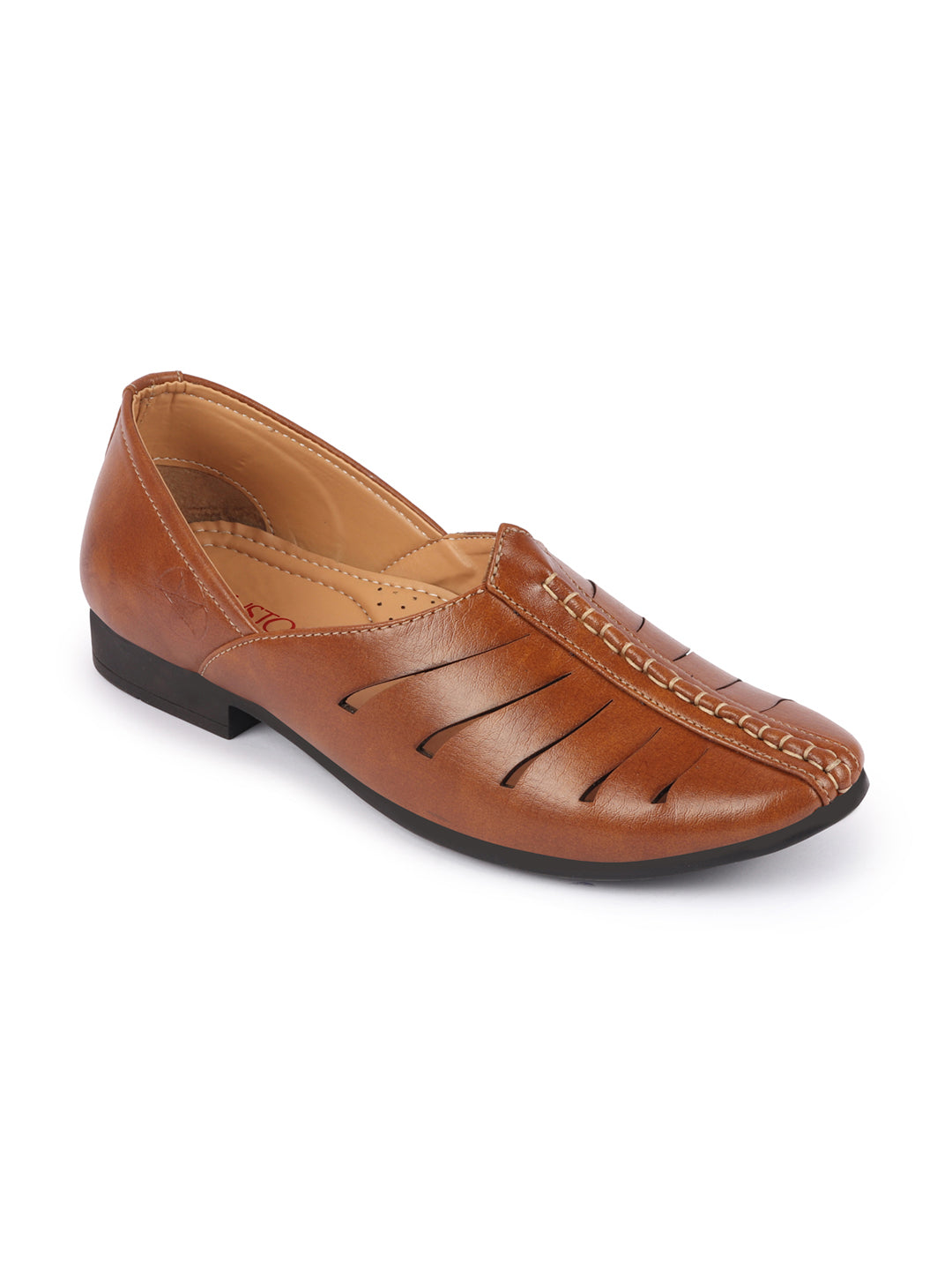 Shop Men Tan Ethnic Wedding Party Laser Cut Design Slip On Juttis and Mojaris Online.