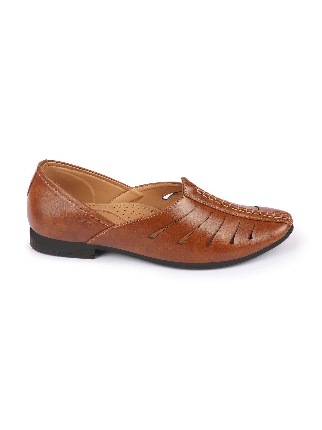 Shop Men Tan Ethnic Wedding Party Laser Cut Design Slip On Juttis and Mojaris Online.
