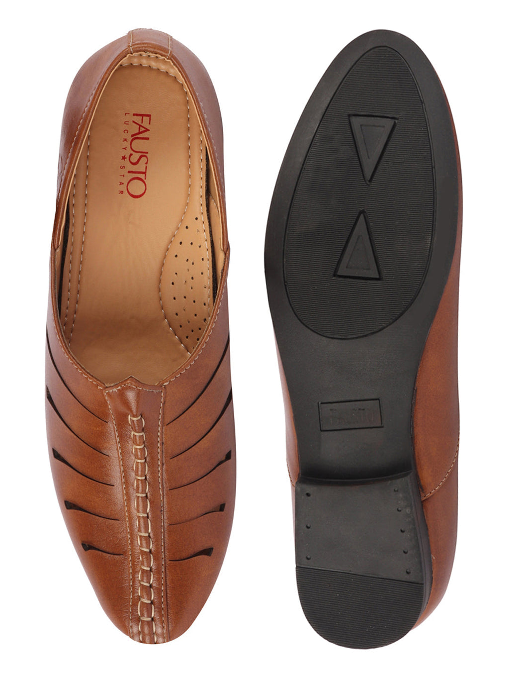 Shop Men Tan Ethnic Wedding Party Laser Cut Design Slip On Juttis and Mojaris Online.