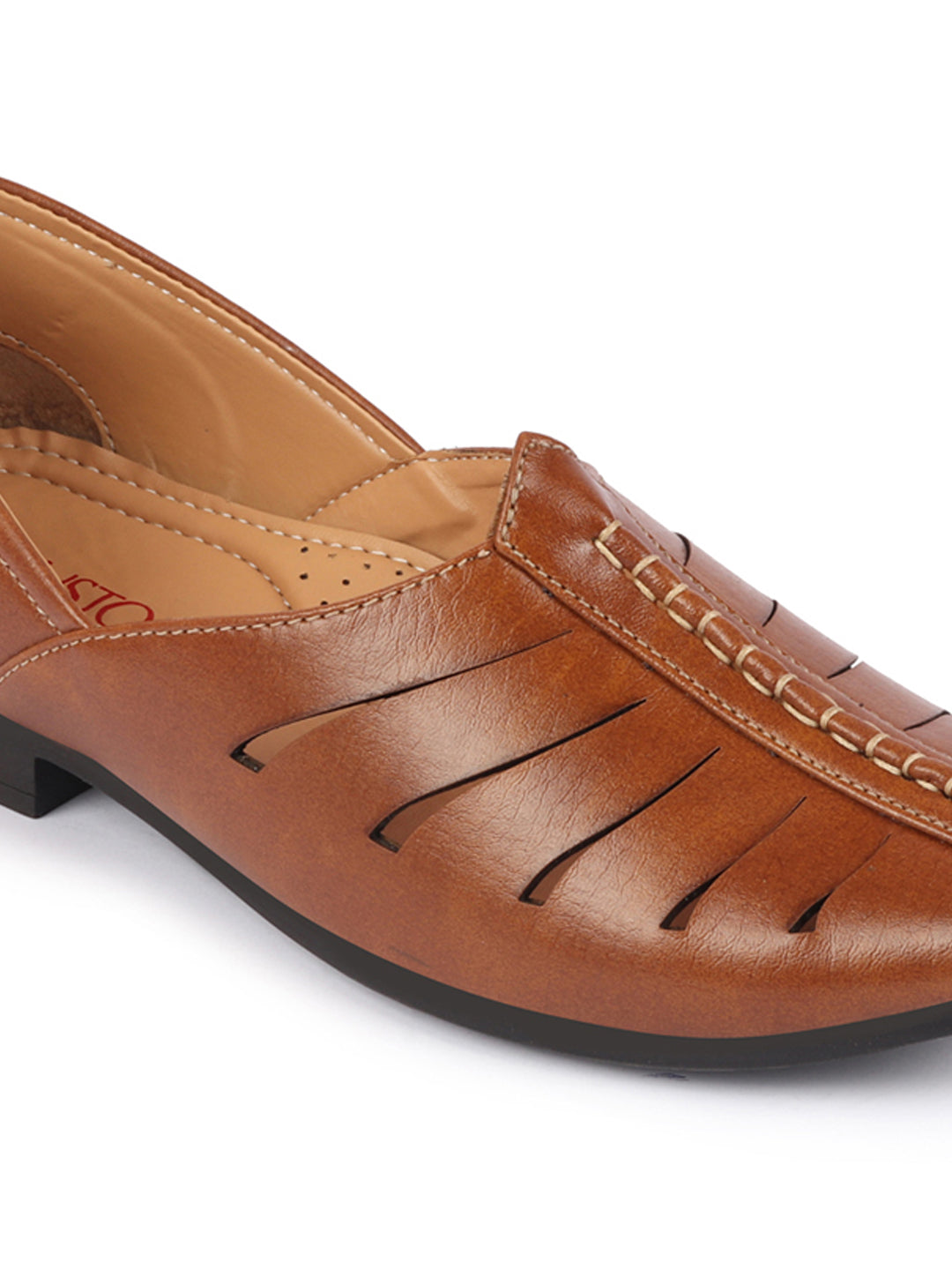 Shop Men Tan Ethnic Wedding Party Laser Cut Design Slip On Juttis and Mojaris Online.