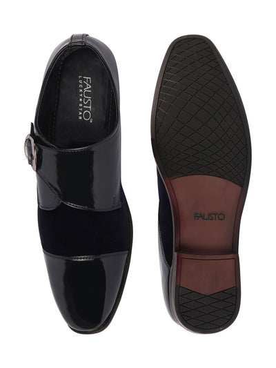 Shop Men Blue Patent Leather Velvet Single Strap Monk Formal Slip On Shoes Online.