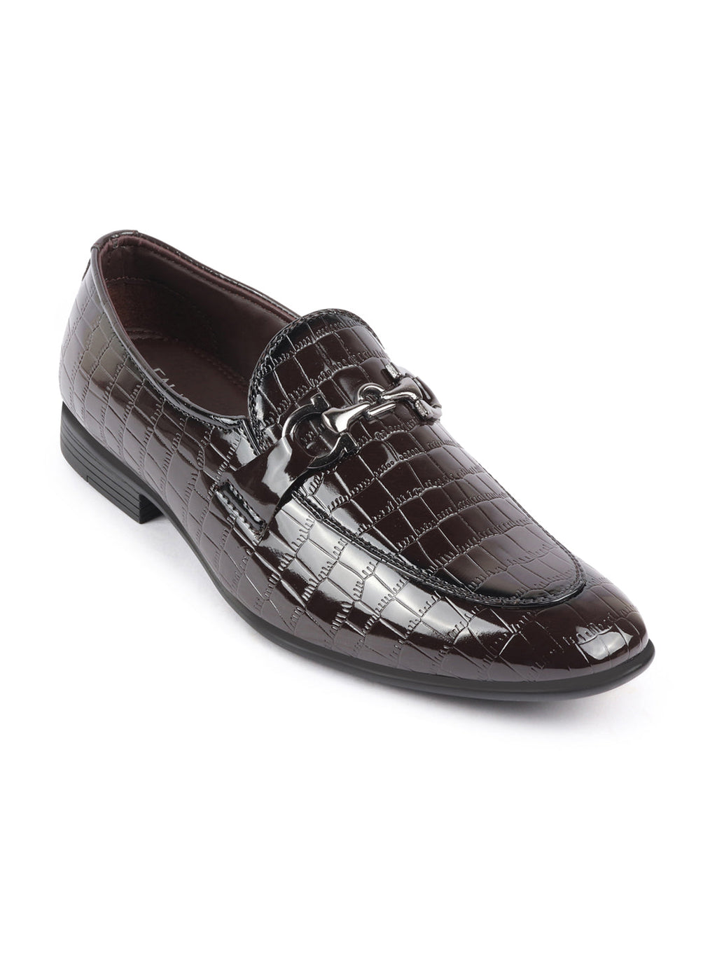 Shop Men Brown Party Formal Patent Leather Embossed Design Buckle Slip On Loafer Shoes Online.