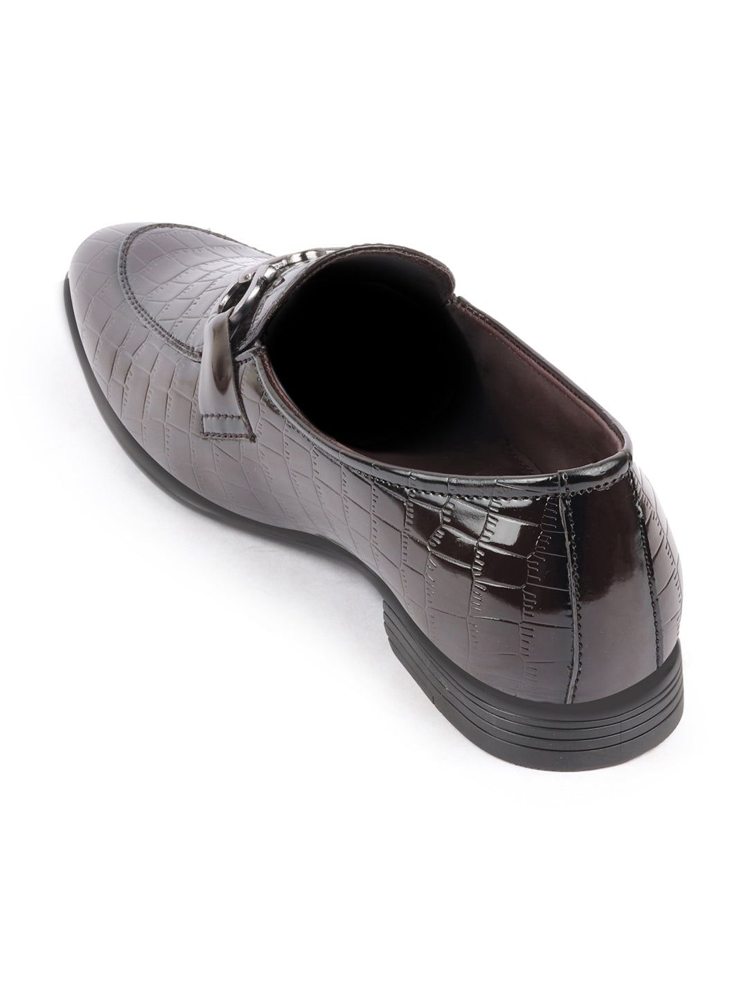 Shop Men Brown Party Formal Patent Leather Embossed Design Buckle Slip On Loafer Shoes Online.