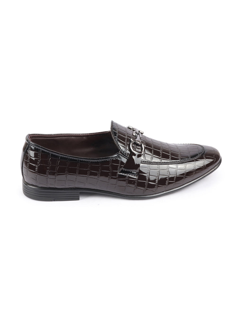 Shop Men Brown Party Formal Patent Leather Embossed Design Buckle Slip On Loafer Shoes Online.