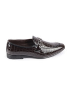 Shop Men Brown Party Formal Patent Leather Embossed Design Buckle Slip On Loafer Shoes Online.