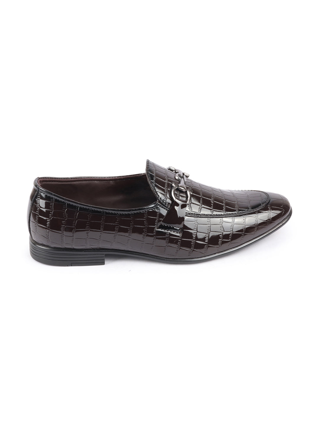 Shop Men Brown Party Formal Patent Leather Embossed Design Buckle Slip On Loafer Shoes Online.