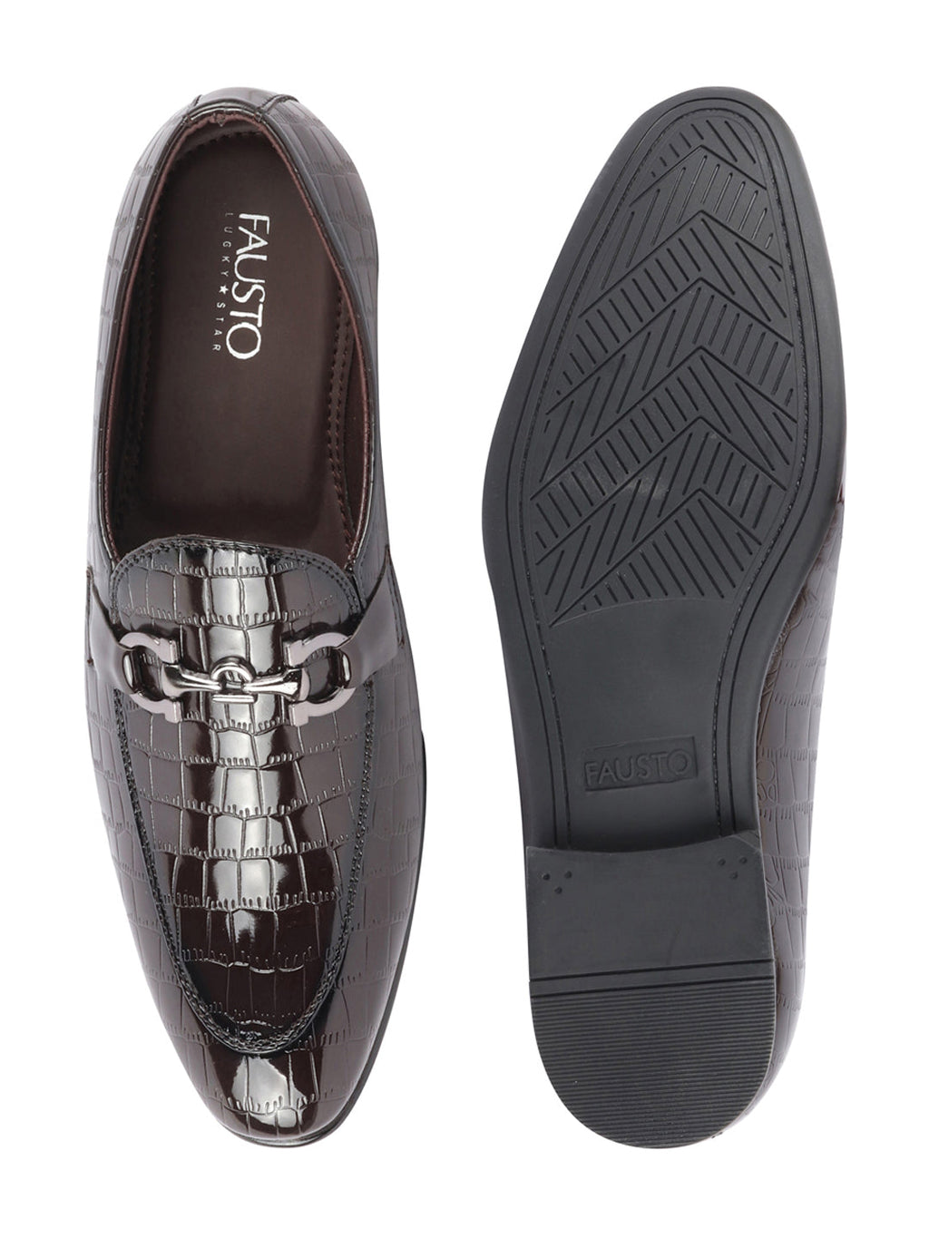 Shop Men Brown Party Formal Patent Leather Embossed Design Buckle Slip On Loafer Shoes Online.