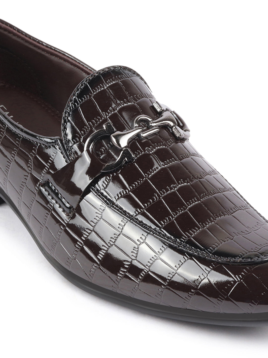 Shop Men Brown Party Formal Patent Leather Embossed Design Buckle Slip On Loafer Shoes Online.