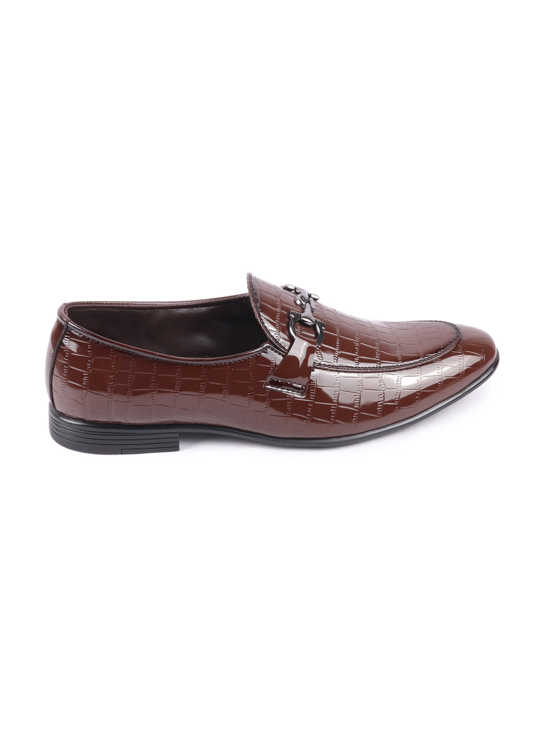 Shop Men Tan Party Formal Patent Leather Embossed Design Buckle Slip On Loafer Shoes Online.