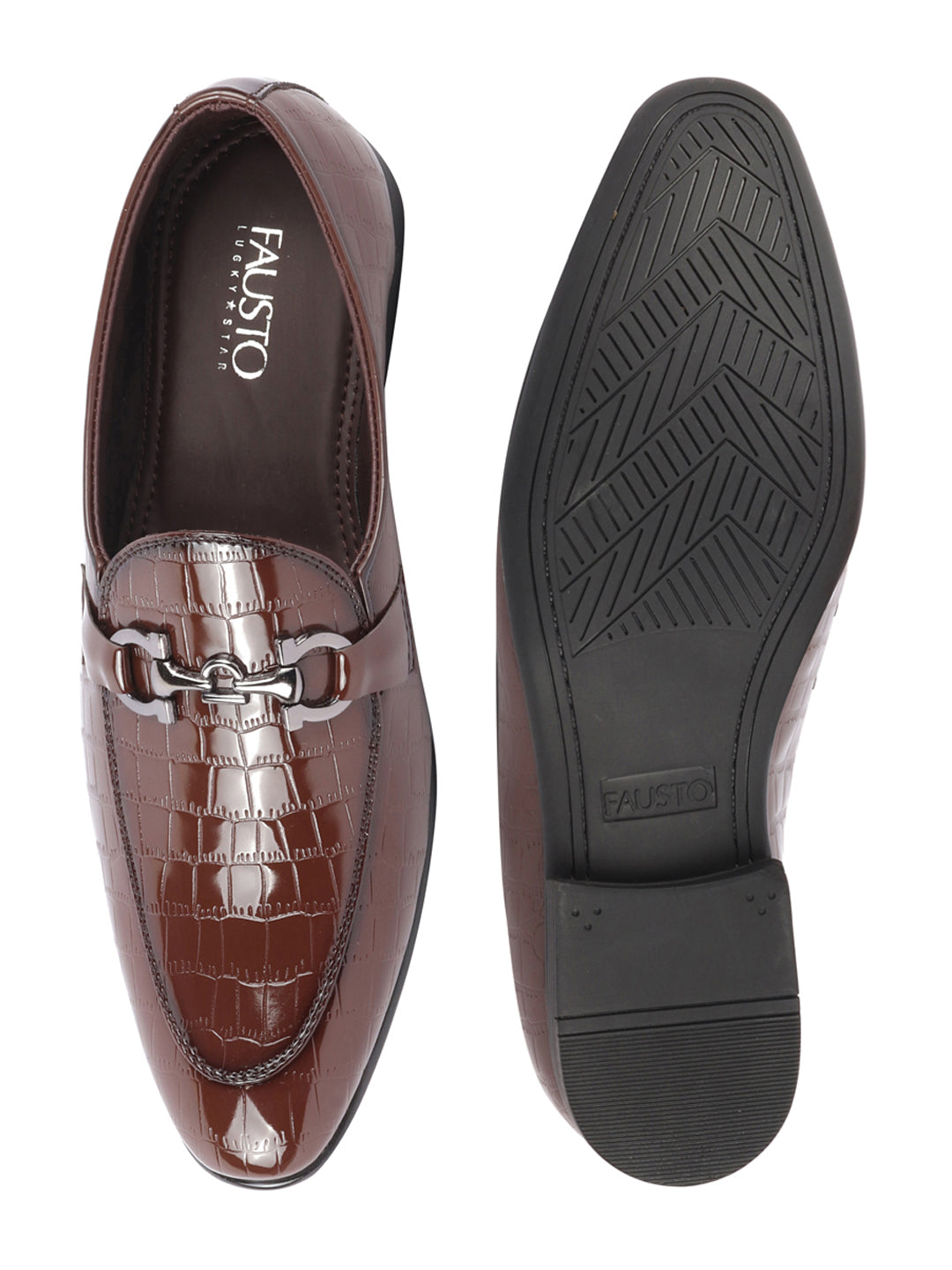 Shop Men Tan Party Formal Patent Leather Embossed Design Buckle Slip On Loafer Shoes Online.