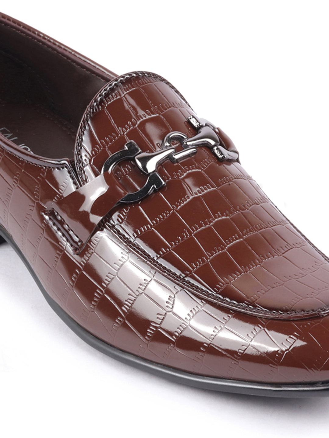 Shop Men Tan Party Formal Patent Leather Embossed Design Buckle Slip On Loafer Shoes Online.