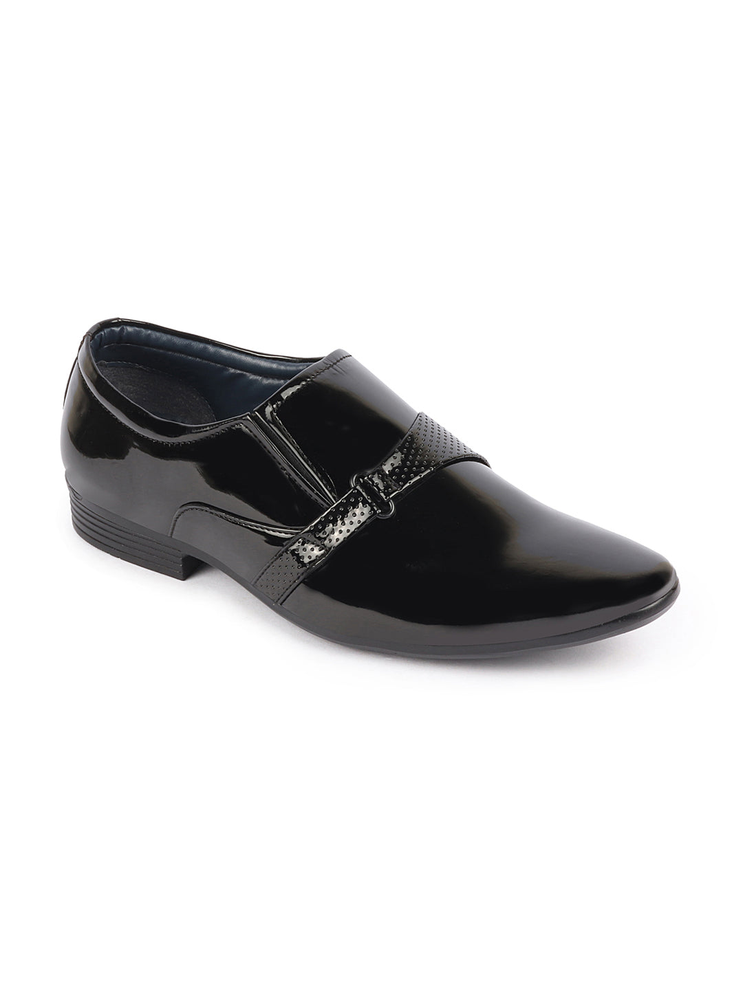 shop men black patent leather shine buckle strap party wedding dress tuxedo slip on shoes online.