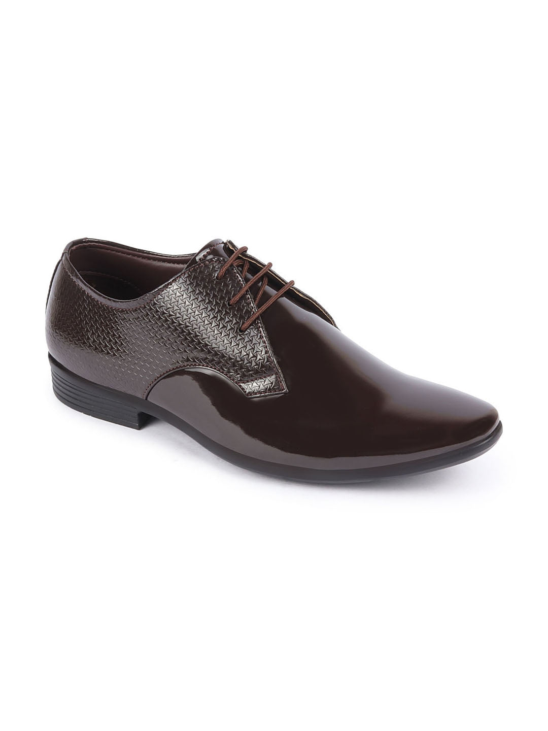 shop men brown patent leather shine textured print pointed toe party wedding lace up derby shoes online.