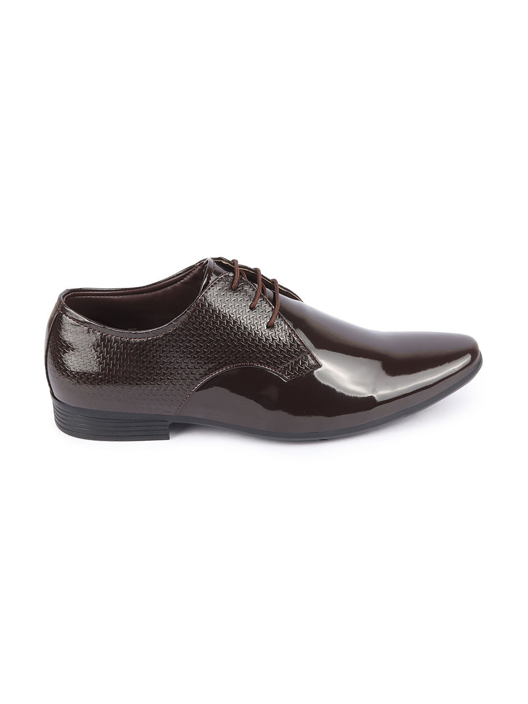 shop men brown patent leather shine textured print pointed toe party wedding lace up derby shoes online.