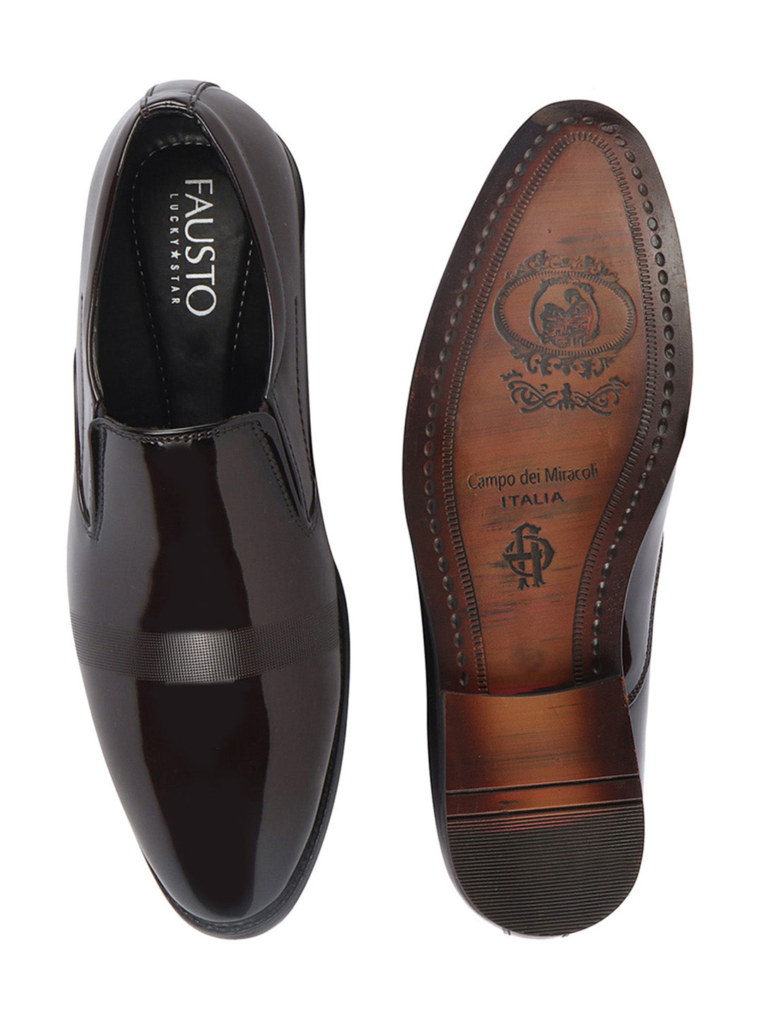 shop men brown patent leather party formal textured strip slip on shoes online.