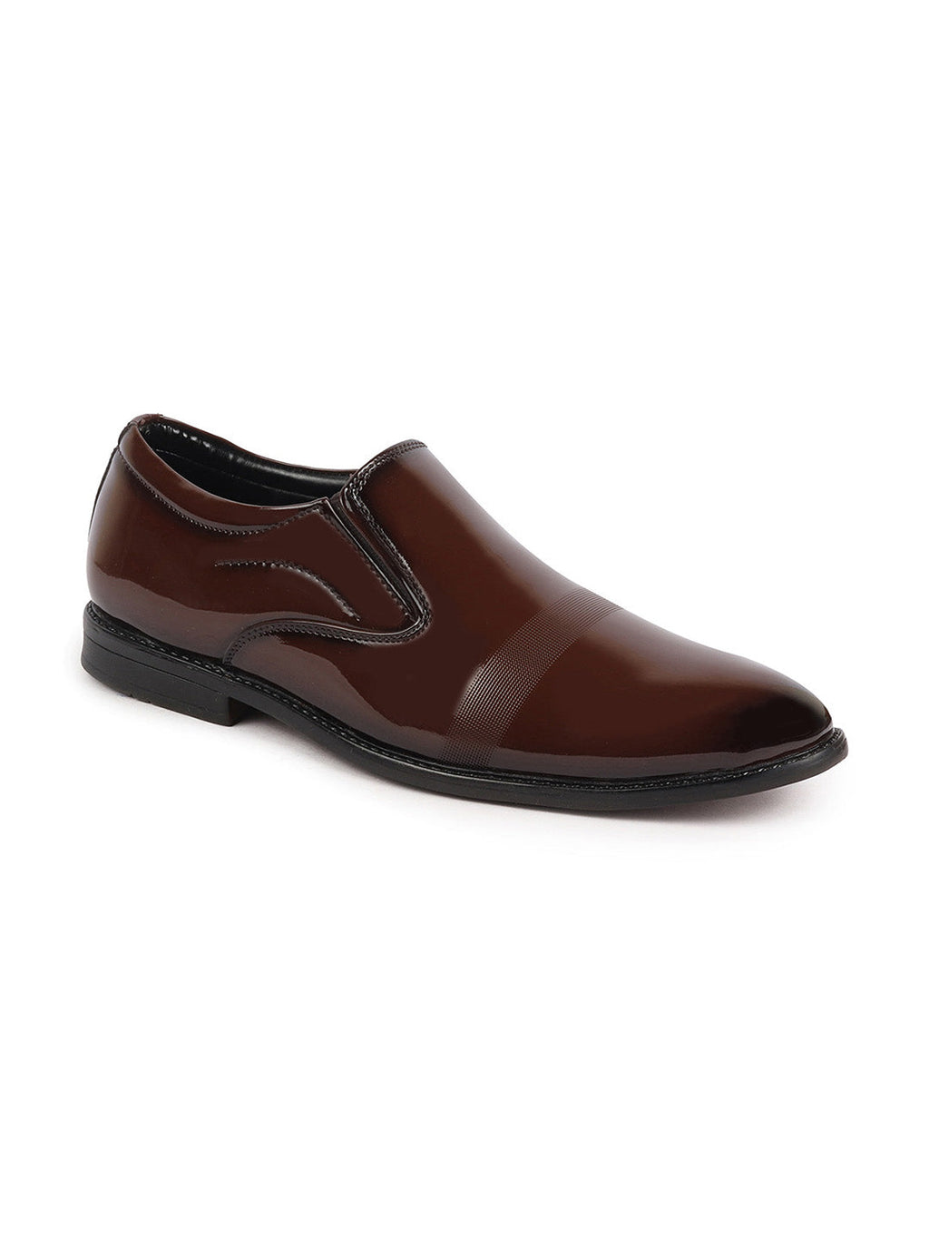 Shop Men Tan Patent Leather Party Formal Textured Strip Slip On Shoes Online.
